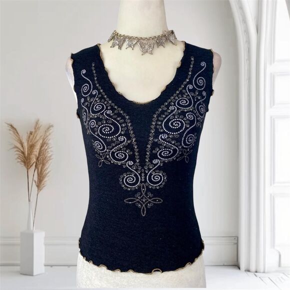 Boho Whimsygoth Black Brown Beaded Embellished Baby Tee Crop Top M - Picture 1 of 7